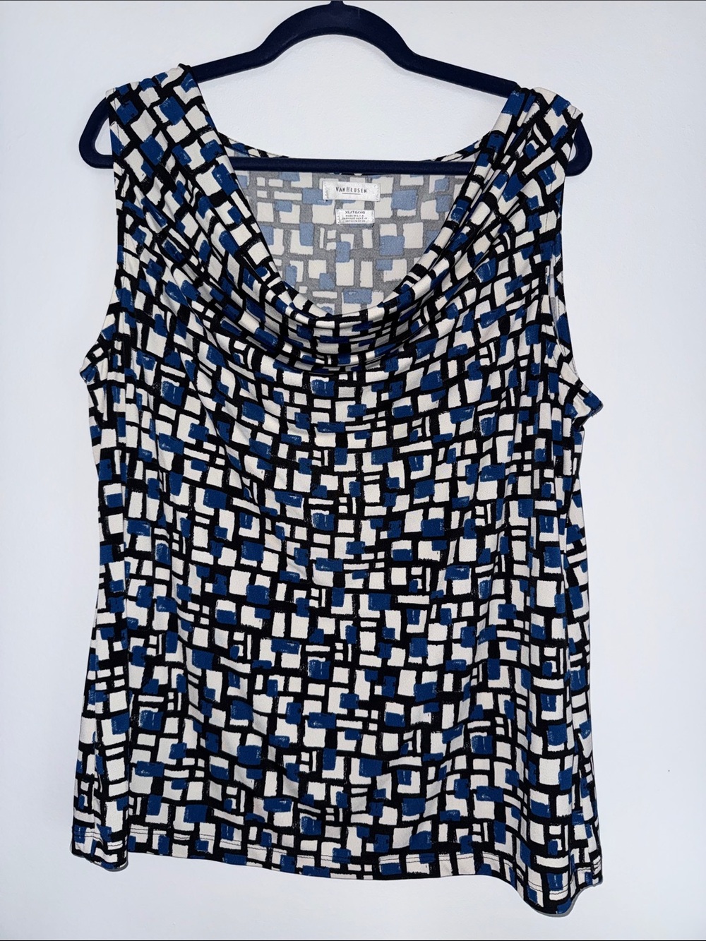 Van Heusen Blue Black and White Geometric Cowl Neck Tank